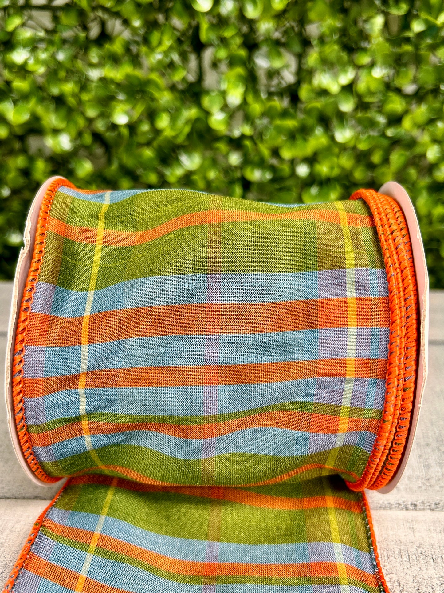 4 Inch By 10 Yard Moss Green Orange And Smoke Blue Faux Dupioni Plaid Ribbon