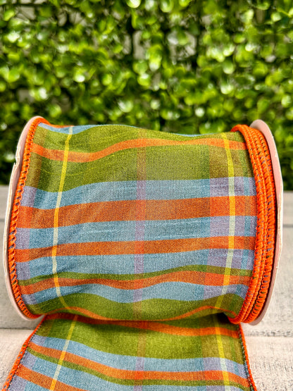 4 Inch By 10 Yard Moss Green Orange And Smoke Blue Faux Dupioni Plaid Ribbon