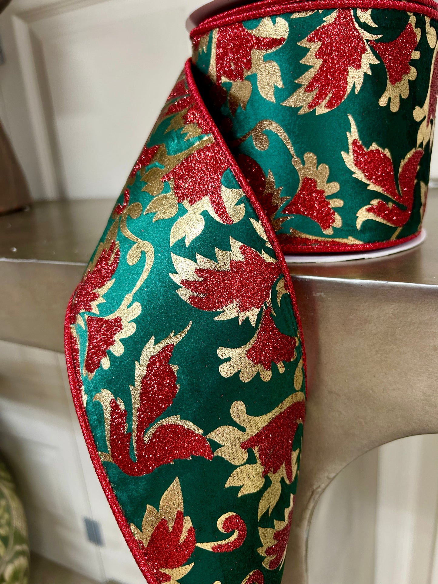 4 Inch By 10 Yard Gold Glitter Print Leaf Pattern On Dark Green Velvet Ribbon