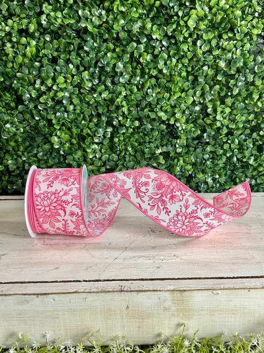 2.5 Inch By 10 Yard Pink Chinoiserie Floral Ribbon