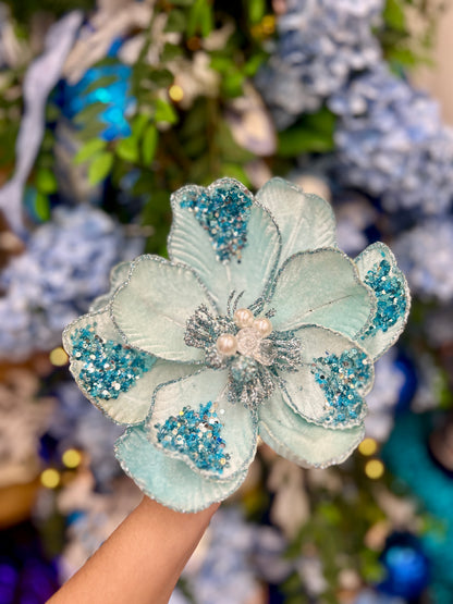 22 Inch Light Blue Glitter Sequin And Bead Magnolia Spray