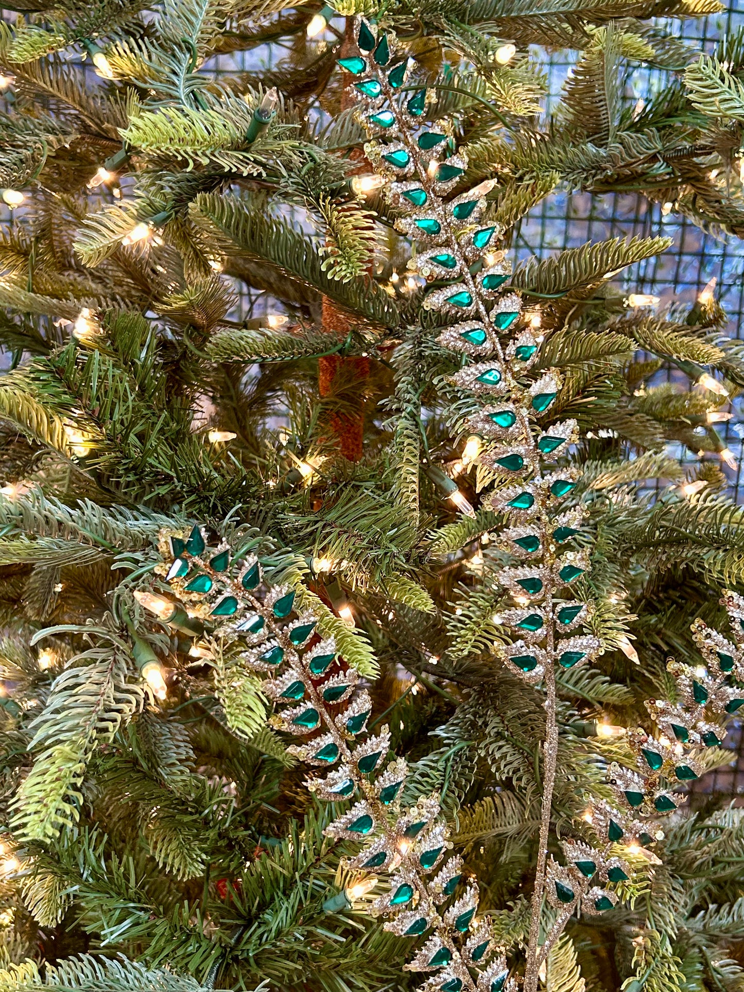 34.5 Inch Green Glittered Rhinestone Mini Leaf Spray