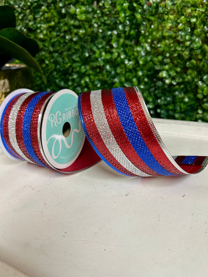 2.5 Inch By 10 Yard Red Blue And Silver Glitter Stripes Ribbon