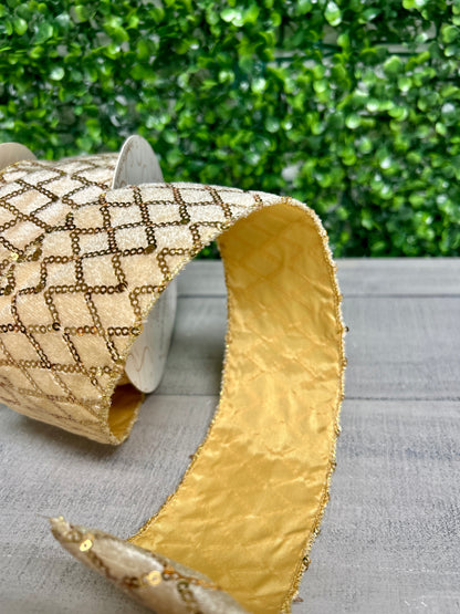 David Christopher's 2.5 Inch By 10 Yard Gold Velvet Ribbon With Stitched Sequin Diamond Design Ribbon