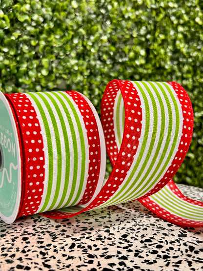 2.5 Inch By 10 Yard Red And Lime Green Vertical Stripe Polka Dot Edge Ribbon