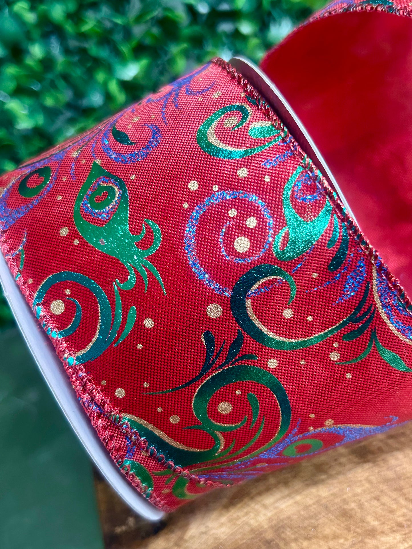 2.5 Inch By 10 Yard Peacock Swirls On Red Background Ribbon