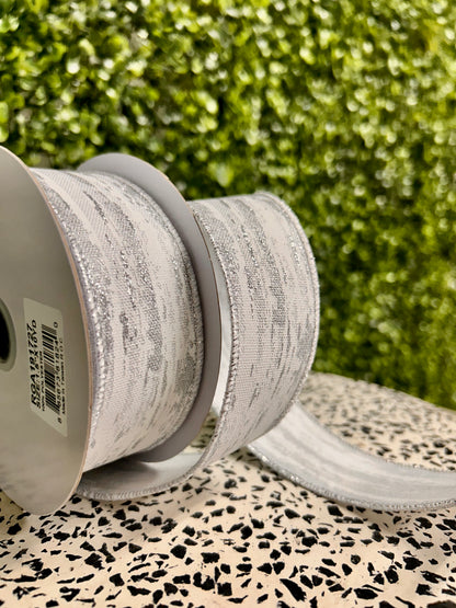 1.5 Inch By 10 Yard White And Silver Glitter Metallic Streaks Ribbon