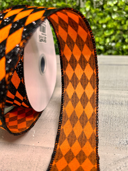 1.5 Inch By 10 Yard Orange And Black Glitter Harlequin Ribbon