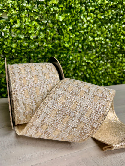 4 Inch By 5 Yard Champagne And Gold Metallic Backing Tweed Ribbon