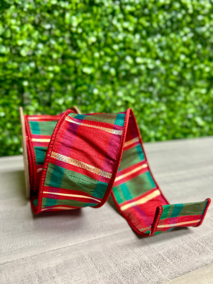 2.5 Inch By 10 Yard Red Green Gold Plaid Check Ribbon