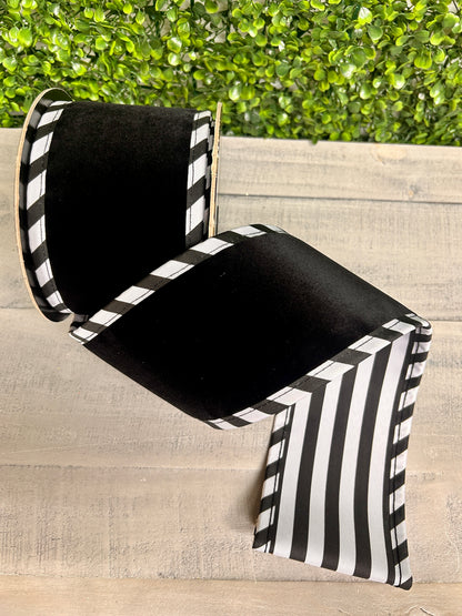 4 Inch By 5 Yard Black Velvet With White Black Cabana Stripe Ribbon