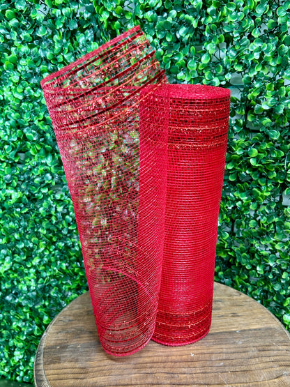 10.25 Inch By 10 Yard Red Tinsel And Foil Wide Border Mesh