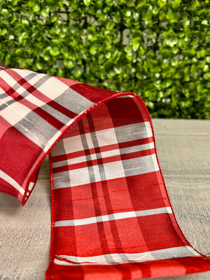 4 Inch By 10 Yard Red And Silver Grand Dupioni Plaid Ribbon