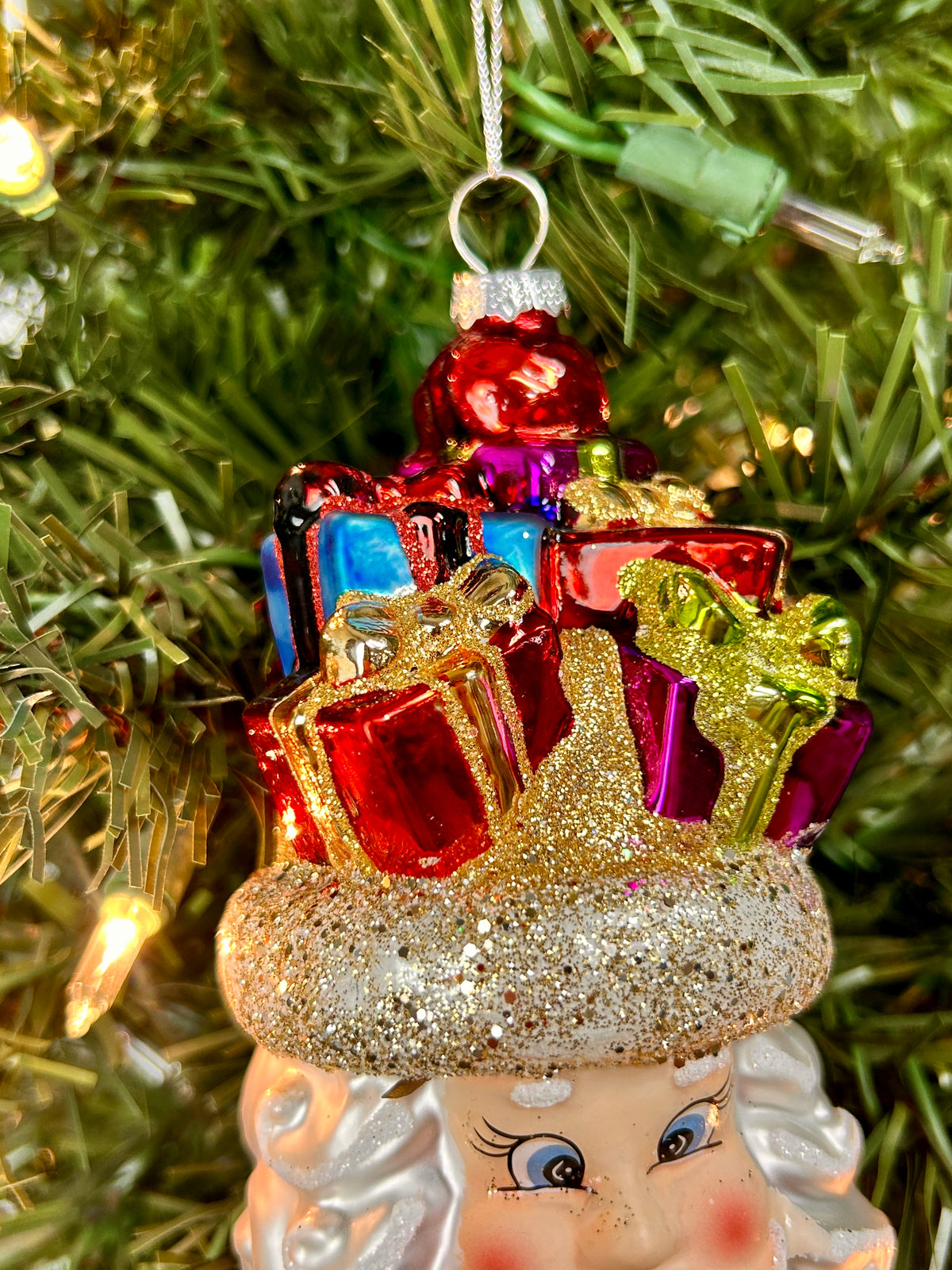 6 Inch Retro Glass Santa Head With Presents Ornament