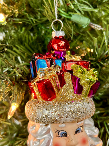 6 Inch Retro Glass Santa Head With Presents Ornament