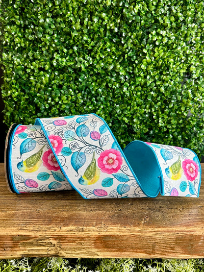 D. Stevens 4 Inch By 10 Yard Spring Floral And Birds Dupioni Ribbon