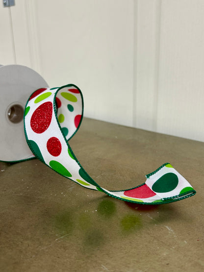 1.5 Inch By 10 Yard Lime Emerald And Red Glitter Dots Ribbon