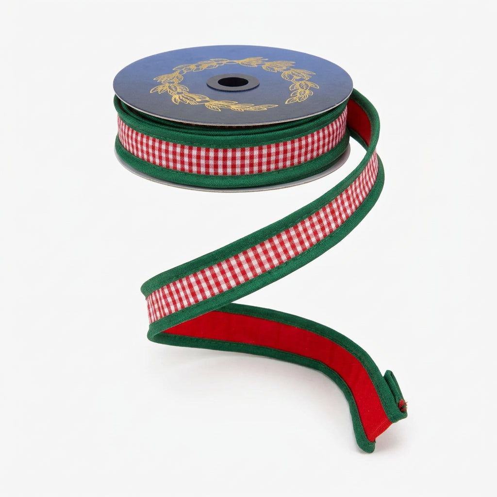 John Mark 1 Inch By 10 Yard Red And White Striped With Green Edging Fused Ribbon