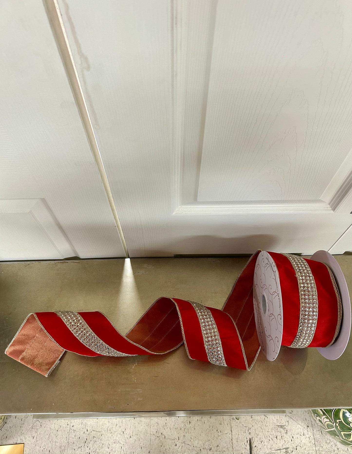 4 Inch By 10 Yard Red Faux Dupioni With Rhinestone Center Stripe Ribbon