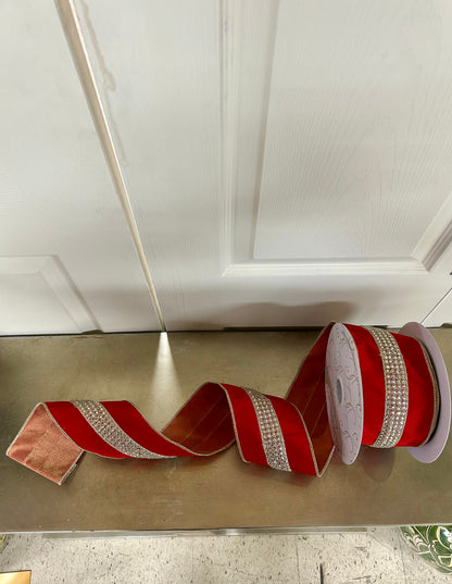 4 Inch By 10 Yard Red Faux Dupioni With Rhinestone Center Stripe Ribbon