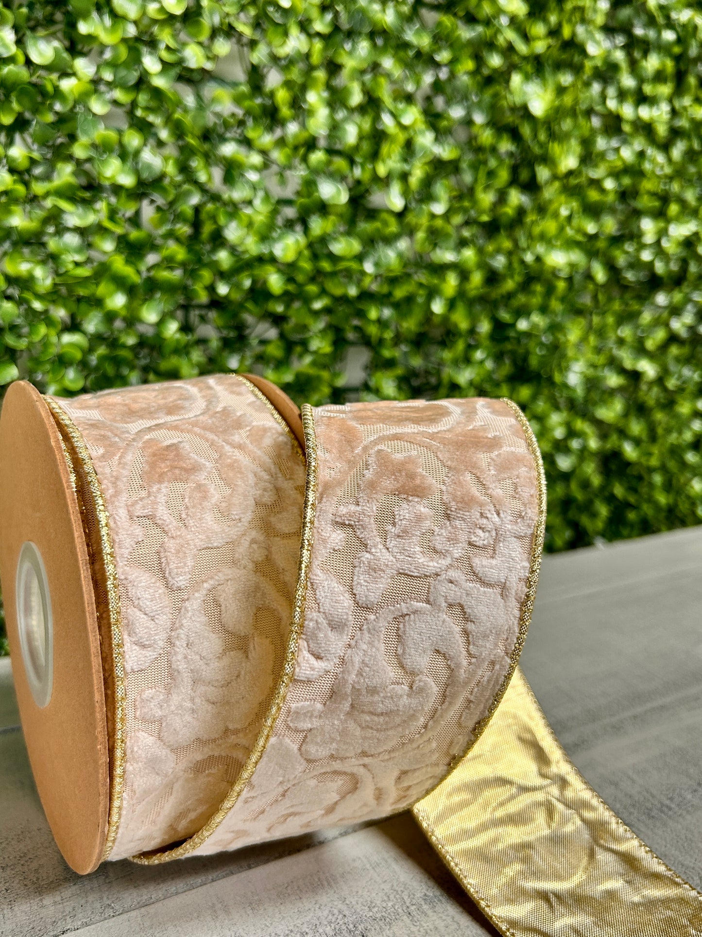 2.5 Inch By 10 Yard Ivory Floral With Gold Backing Ribbon