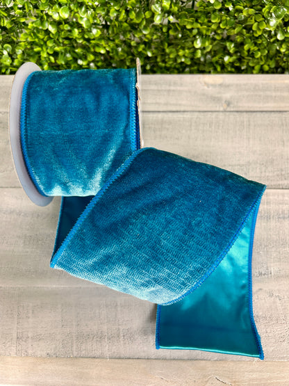 4 Inch By 10 Yard Teal Deluxe Velvet With Satin Backing Ribbon