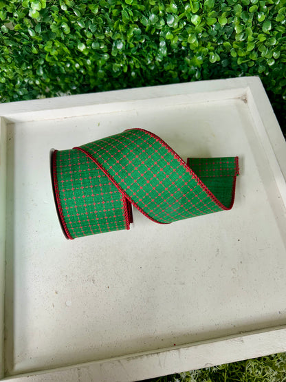 2.5 Inch By 10 Yard Emerald And Red Raised Switched Squares On Royal Ribbon