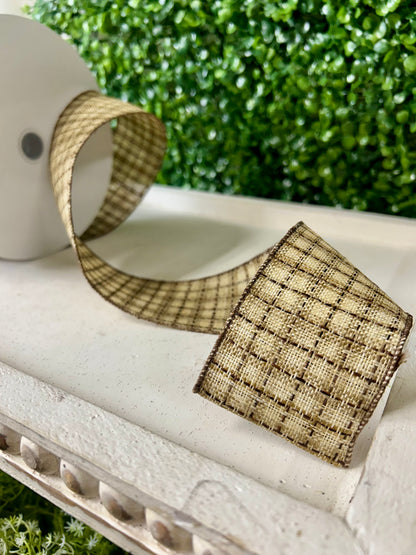 2.5 Inch By 50 Yard Cream Natural And Brown Woven Check Ribbon