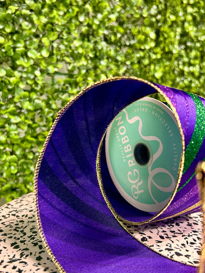 2.5 Inch By 10 Yard Mardi Gras Green Purple And Gold Diagonal Stripe Ribbon