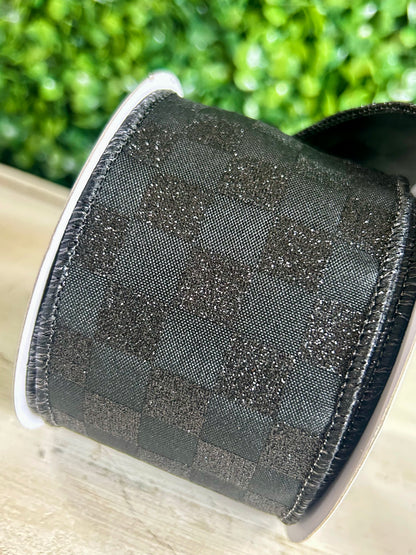 2.5 Inch By 10 Yard Black Glitter Check Ribbon
