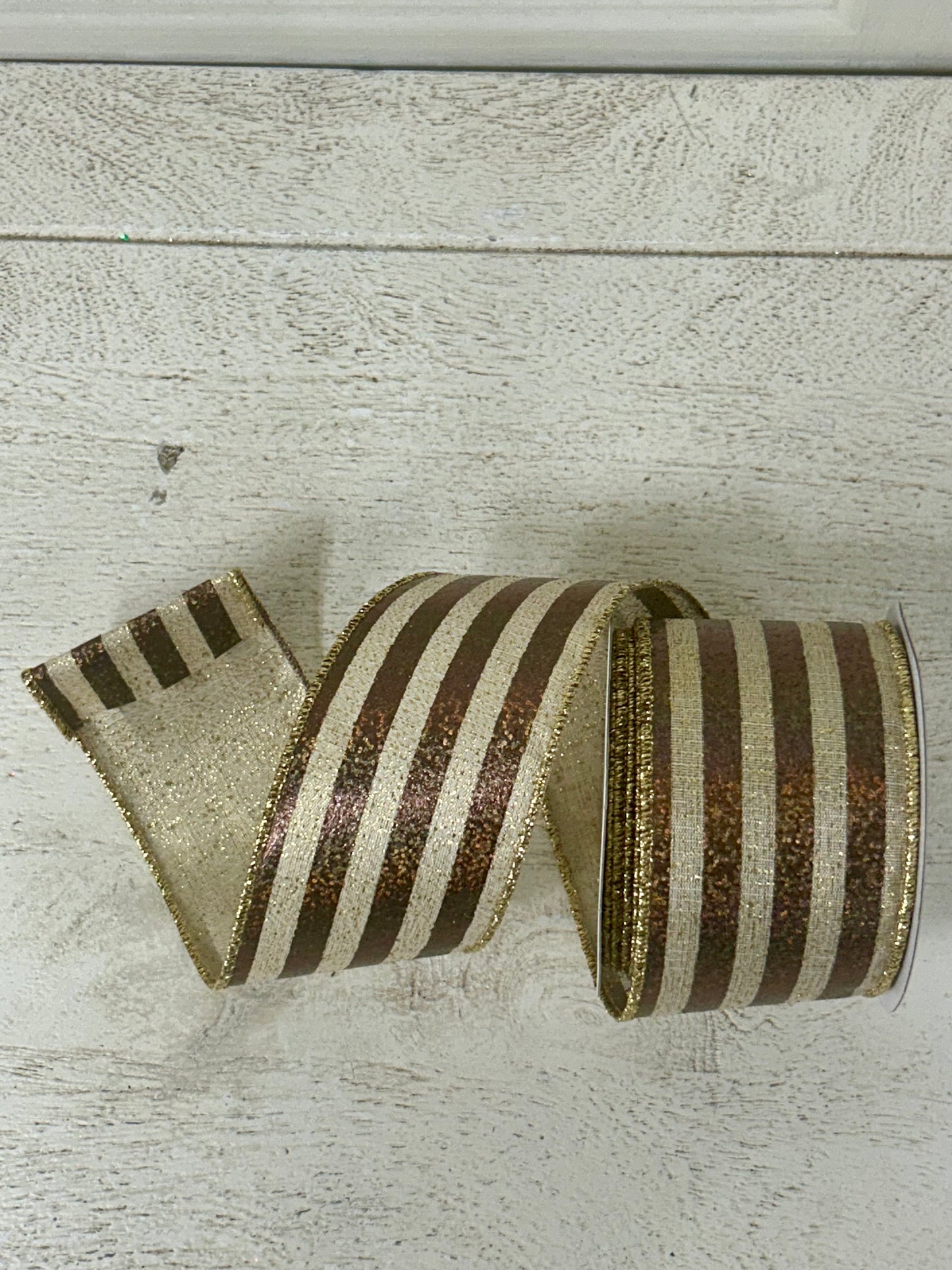 2.5 Inch By 10 Yard Chocolate Natural And Gold Woven Multicolor Stripe Ribbon