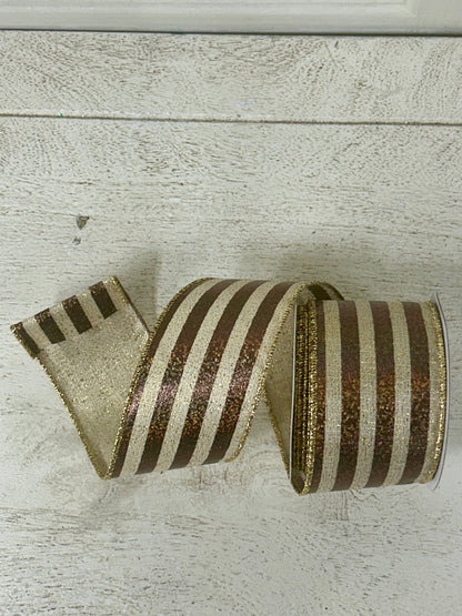 2.5 Inch By 10 Yard Chocolate Natural And Gold Woven Multicolor Stripe Ribbon