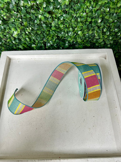 1.5 Inch By 10 Yard Pink Orange Green And Yellow Bold Stripes On Royal Ribbon