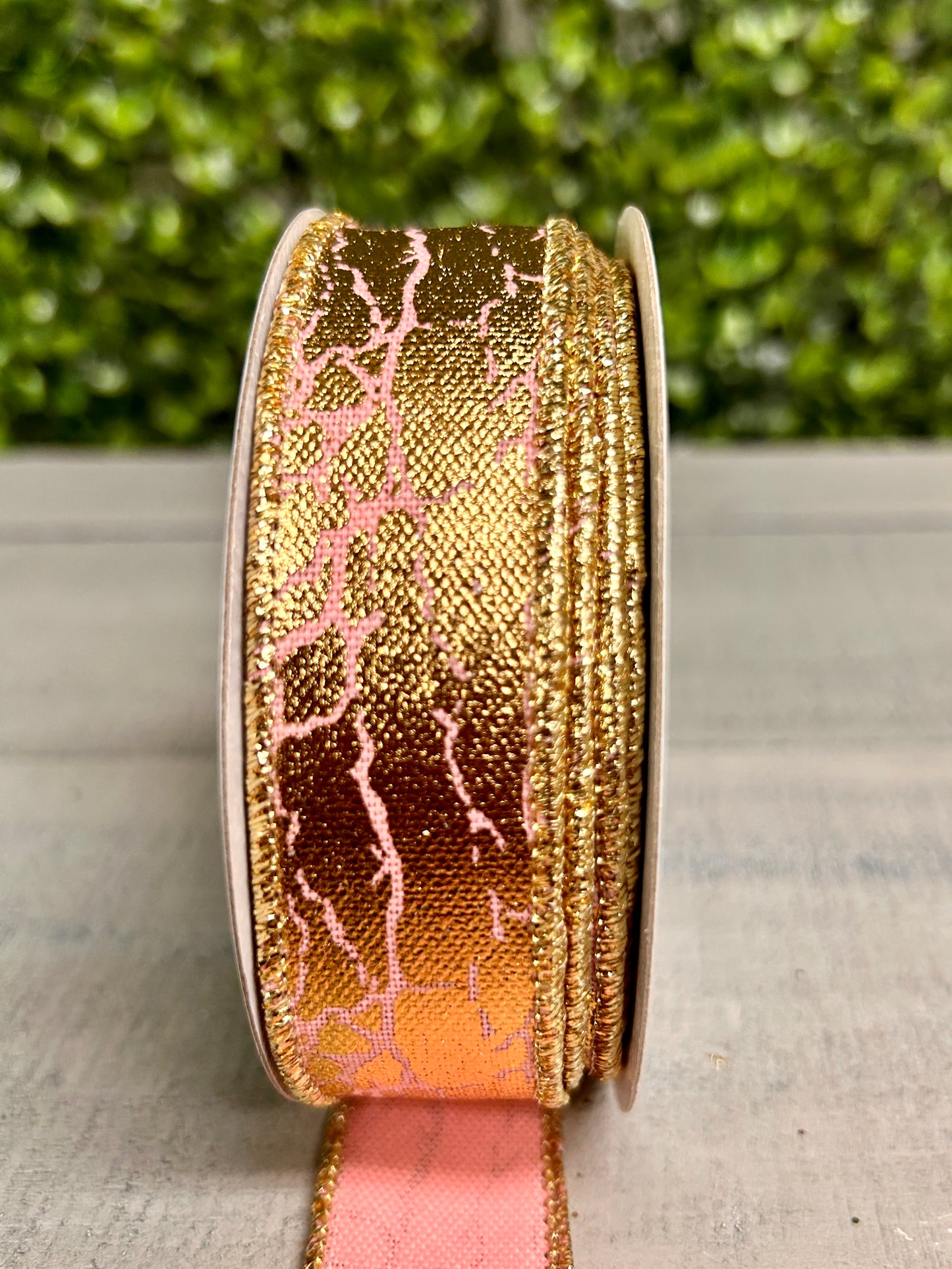 7/8 Inch By 10 Yard Rose Pink And Gold Cracked Foil Ribbon