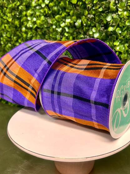 4 Inch By 10 Yard Purple Orange And Black Plaid Faux Dupioni Ribbon