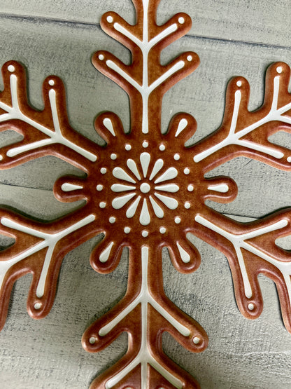 12 Inch Brown And White Metal Embossed Snowflake Sign