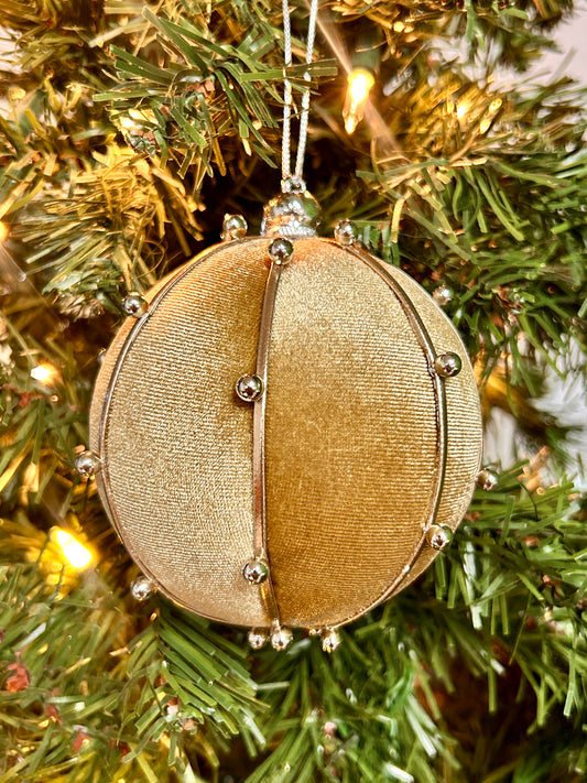 4 Inch Taupe Beaded Velvet Ornament Ball