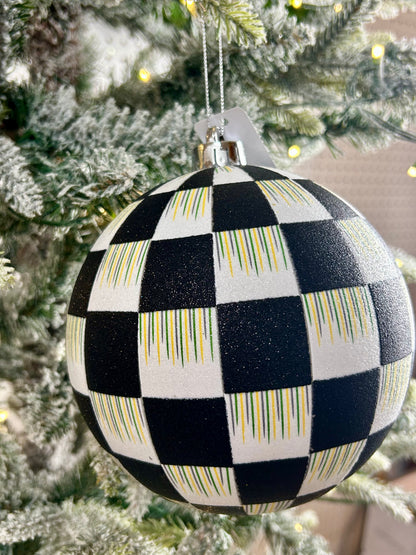 6 Inch Black And White Glitter Check Ornament