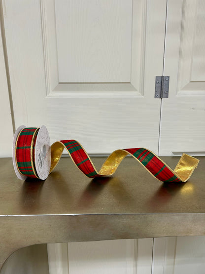 1.5 Inch By 10 Yard Modern Red And Green Christmas Plaid With Gold Back Ribbon