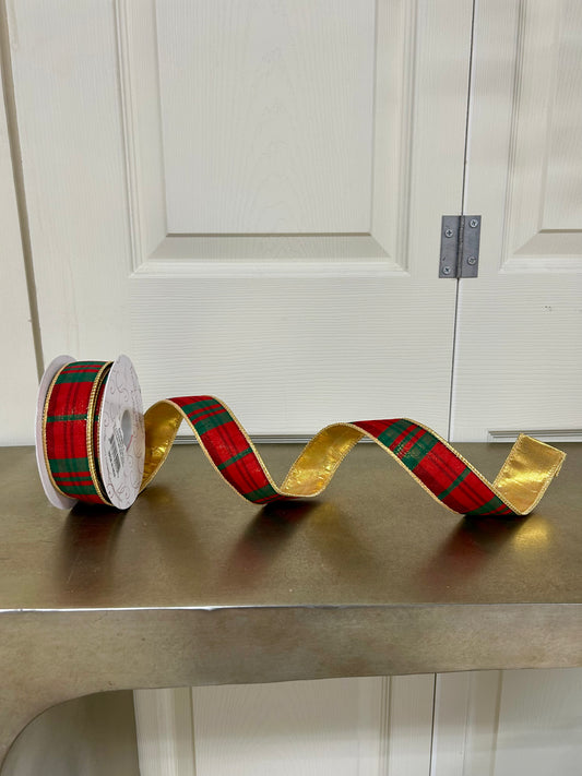 1.5 Inch By 10 Yard Modern Red And Green Christmas Plaid With Gold Back Ribbon
