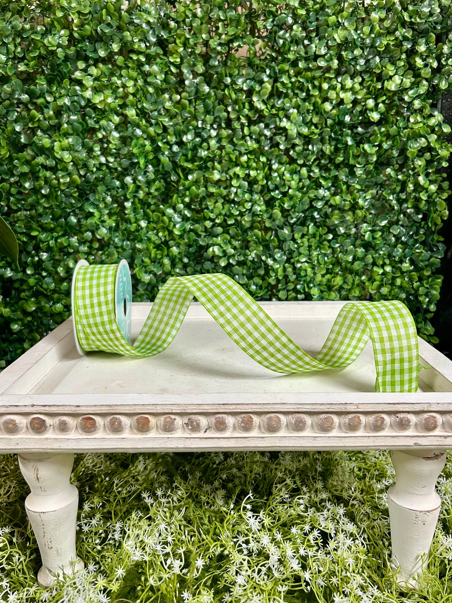 1.5 Inch By 10 Yard Apple Green And White Gingham Check Ribbon