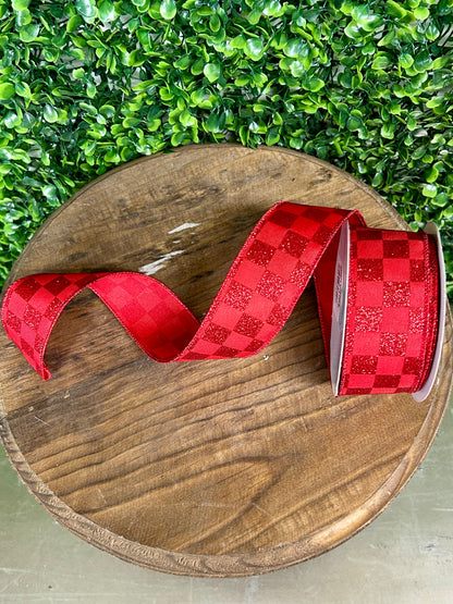 1.5 Inch By 10 Yard Red Glitter Check Ribbon