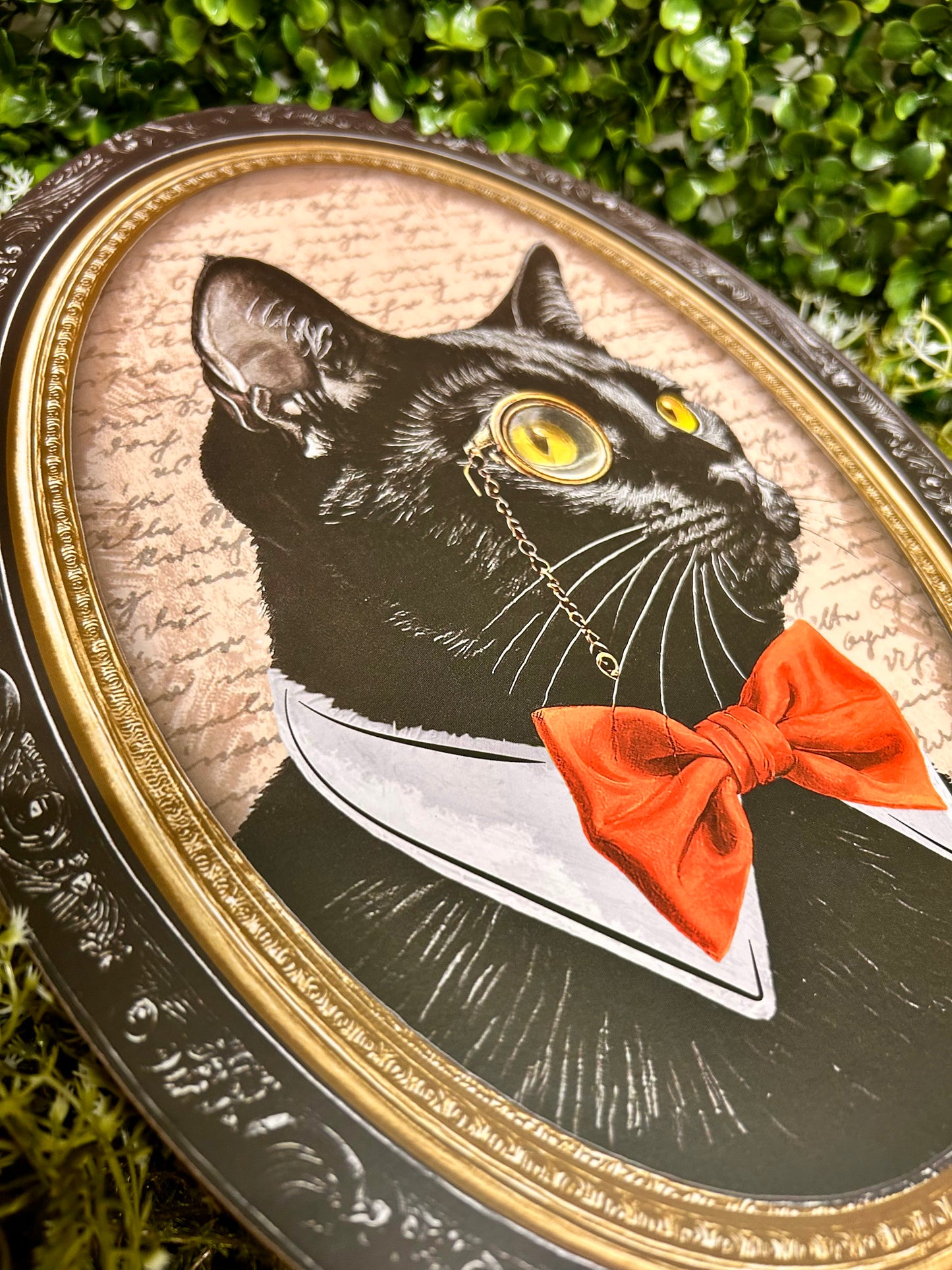 13 Inch By 9 Inch Black Cream And Orange Black Cat Portrait Wood Sign