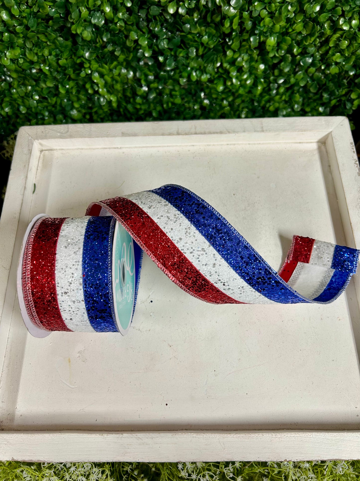 2.5 Inch By 10 Yard Red White And Royal Blue Large Glitter Ribbon