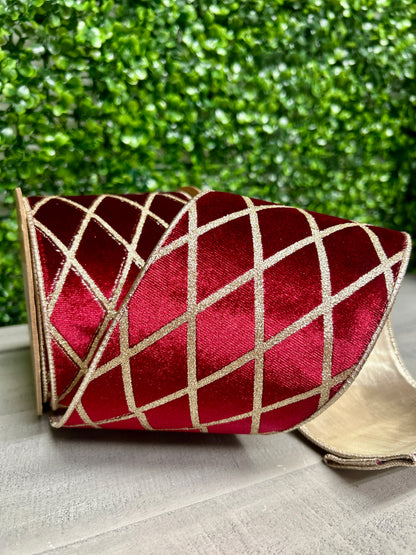 4 Inch By 10 Yard Burgundy With Glittered Diamond Velvet Ribbon