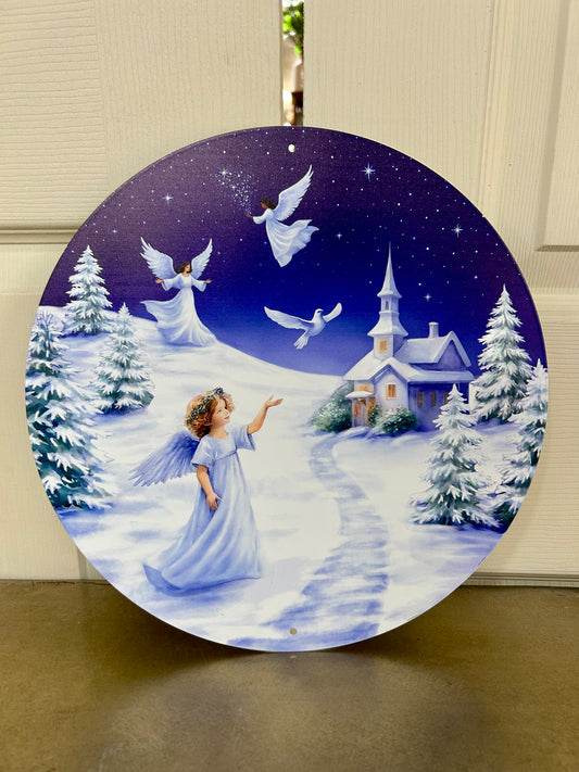 12 Inch White Blue And Green Angel Winter Scene Metal Sign