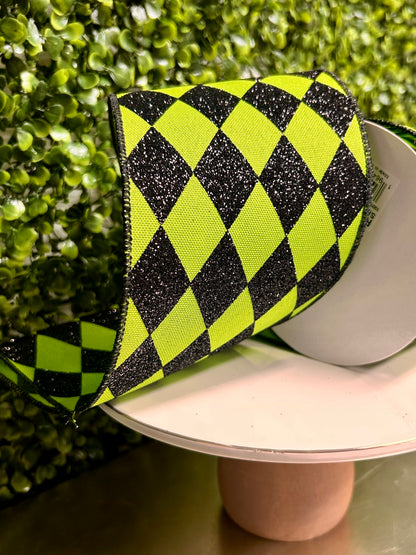 4 Inch By 10 Yard Lime Green And Black Harlequin Check Ribbon