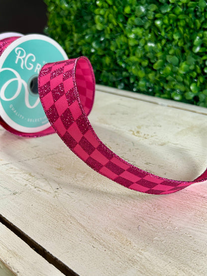 1.5 Inch By 10 Yard Hot Pink Glitter Check Ribbon