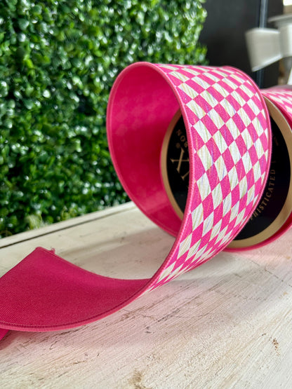 4 Inch By 10 Yard Hot Pink And White Antique Diamond Fused Ribbon