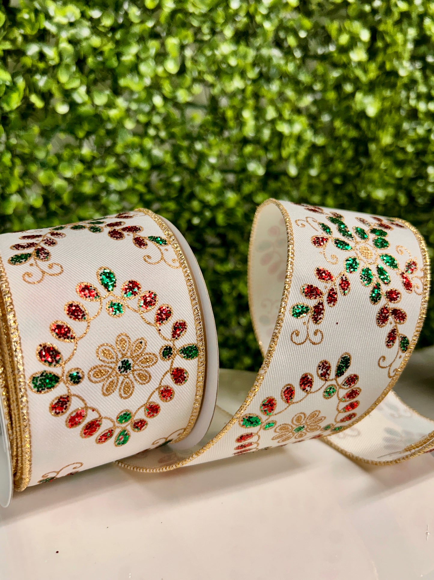 2.5 Inch By 10 Yard Ivory Red Emerald And Gold Ornate Loop Diamond Ribbon